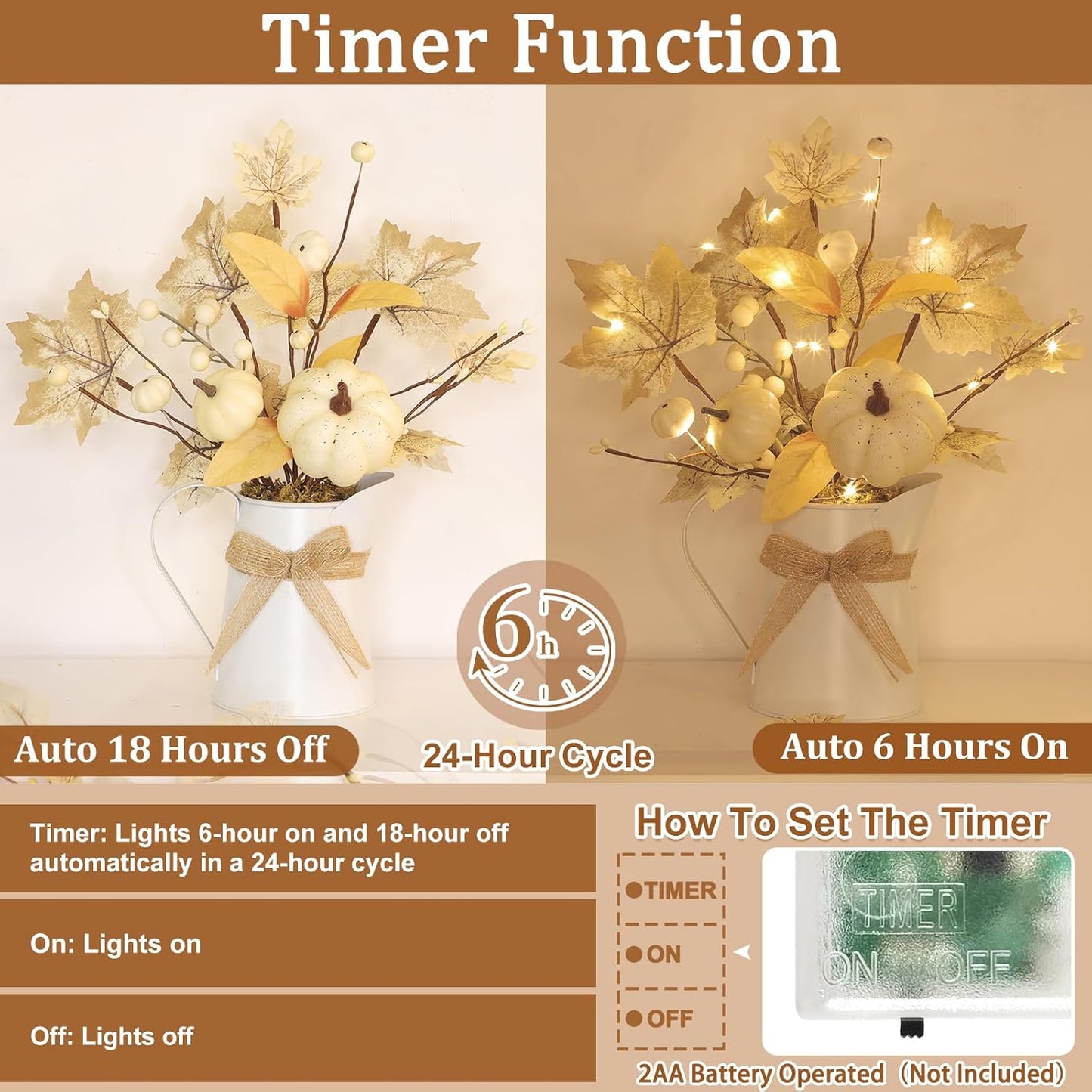 [Light & Timer] Fall Decor Table Centerpiece Potted White Maple Arrangement in Metal Pitcher Neutral Rustic Artificial White Pumpkin Berries Fall Decoration for Home Mantel Autumn Thanksgiving Wedding