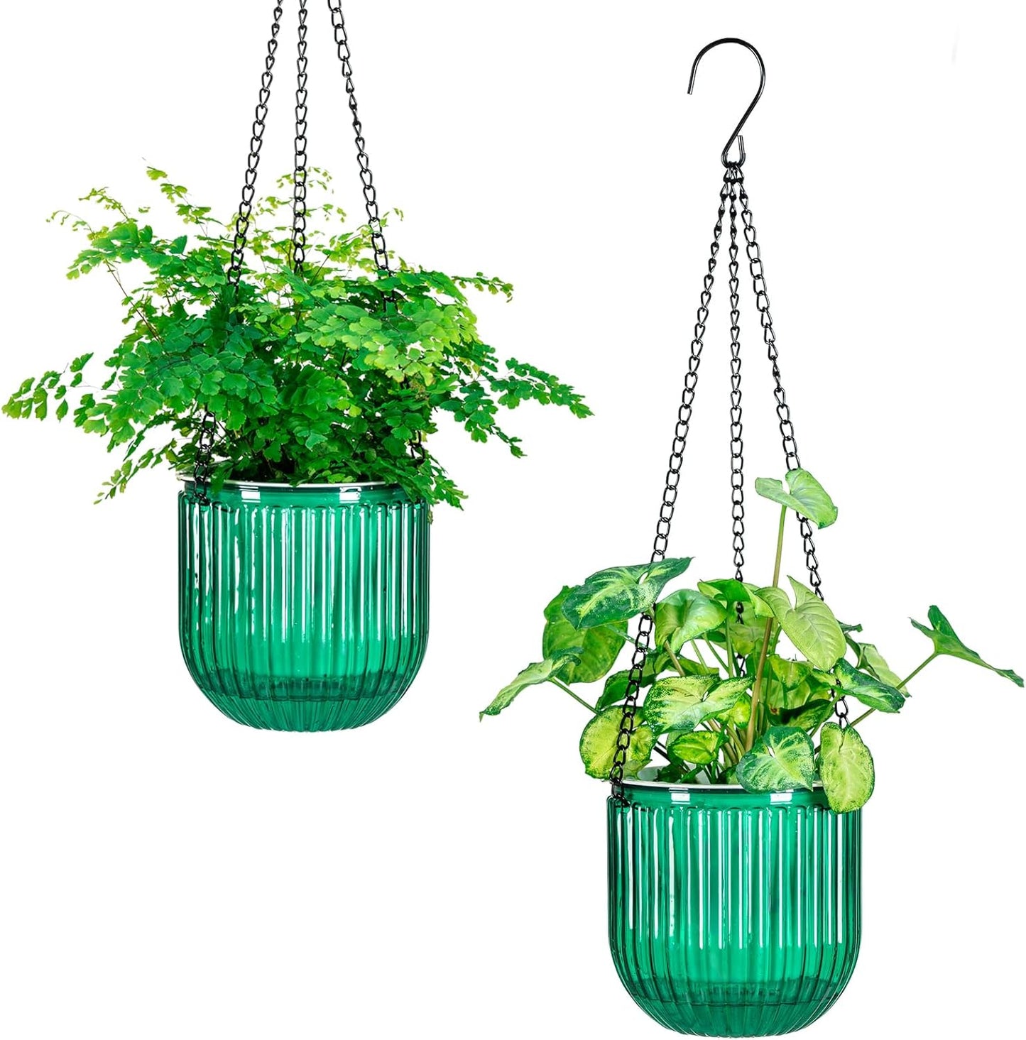 Elegant 2 Pack Self-Watering Hanging Planters - 6.5 Inch Indoor/Outdoor Flower Pots with Drainage Holes and 3 Hooks in Emerald and Gray