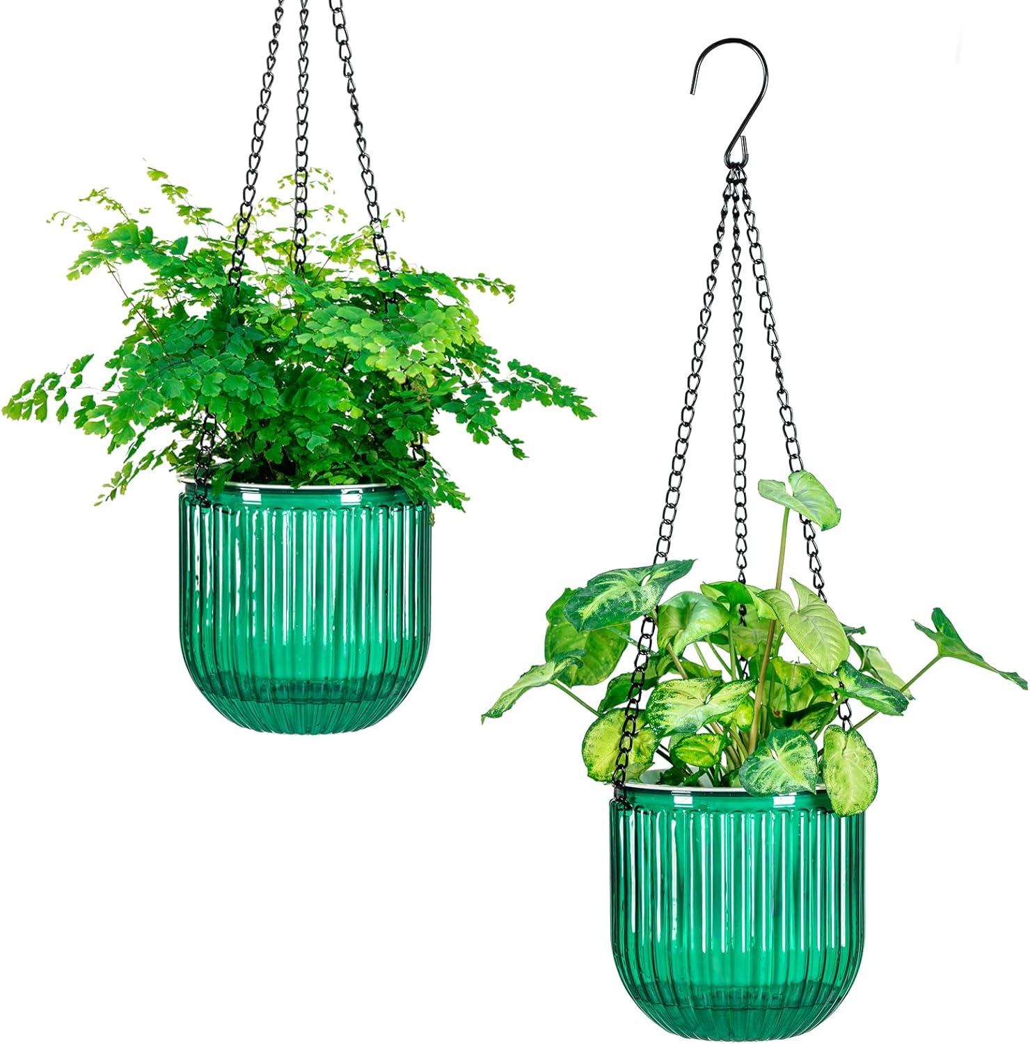 Elegant 2 Pack Self-Watering Hanging Planters - 6.5 Inch Indoor/Outdoor Flower Pots with Drainage Holes and 3 Hooks in Emerald and Gray