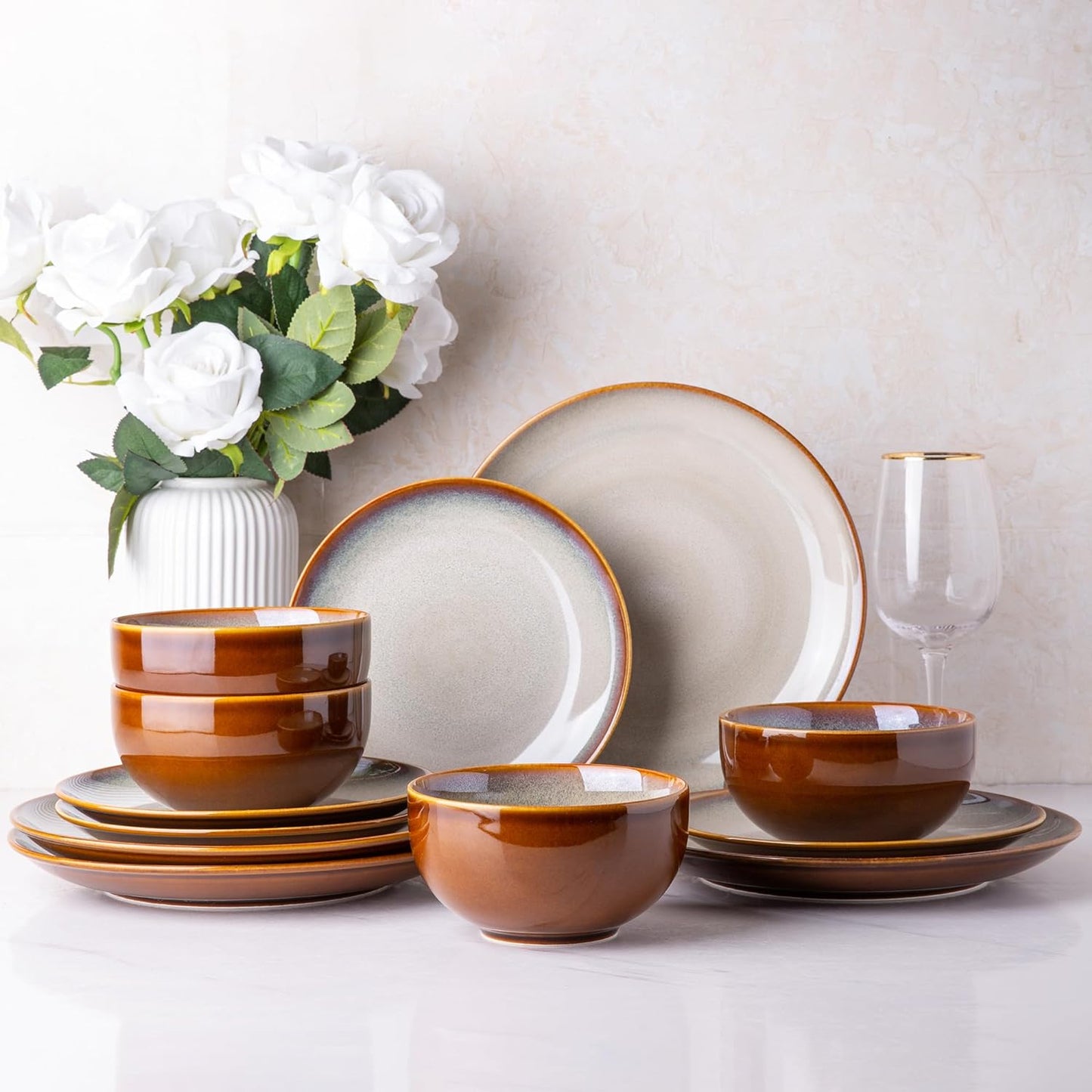 Elevate Your Dining Experience with Our Elegant Ceramic Dinnerware Set for 4 - Stylish, Durable, and Microwave Safe Stoneware Plates and Bowls