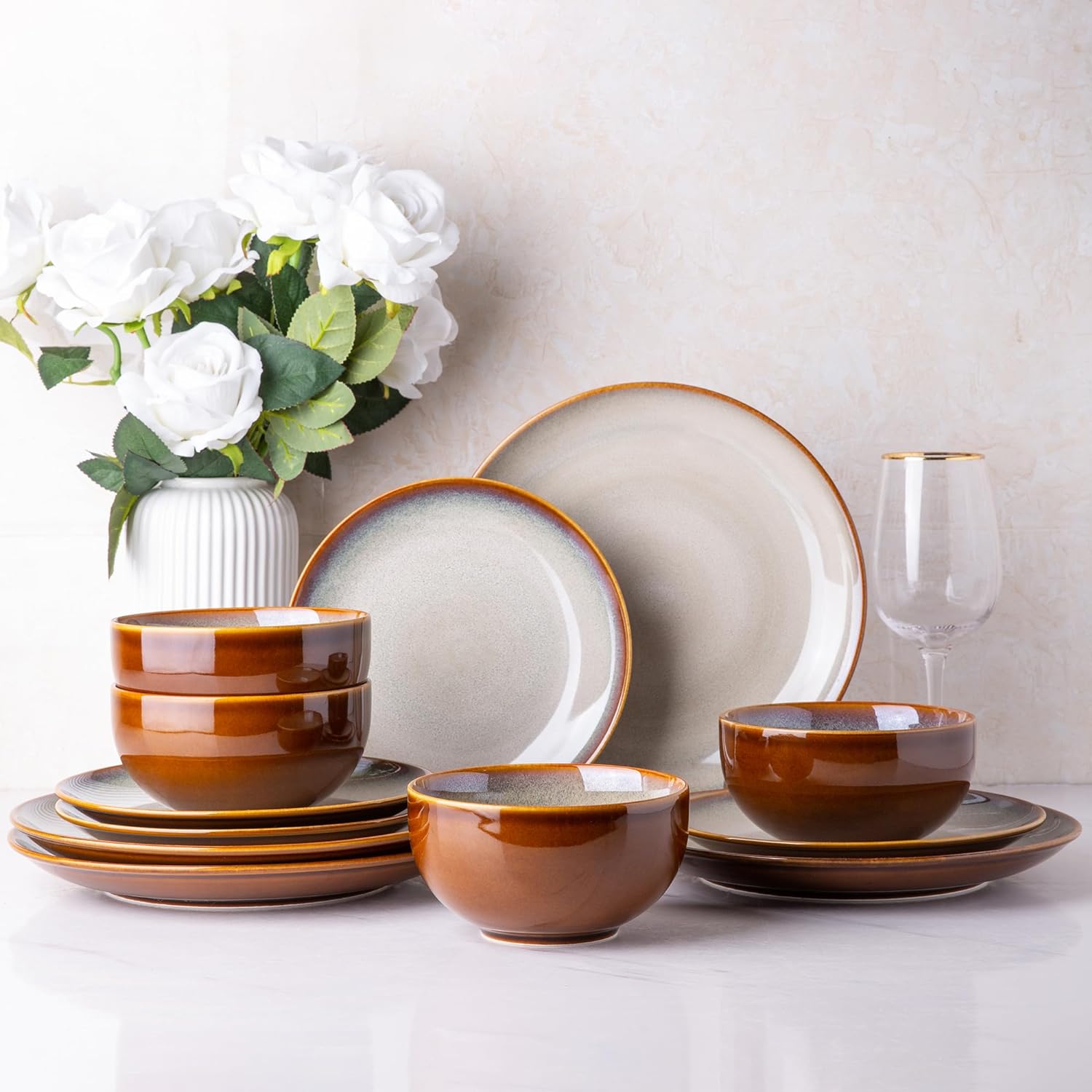 Elevate Your Dining Experience with Our Elegant Ceramic Dinnerware Set for 4 - Stylish, Durable, and Microwave Safe Stoneware Plates and Bowls