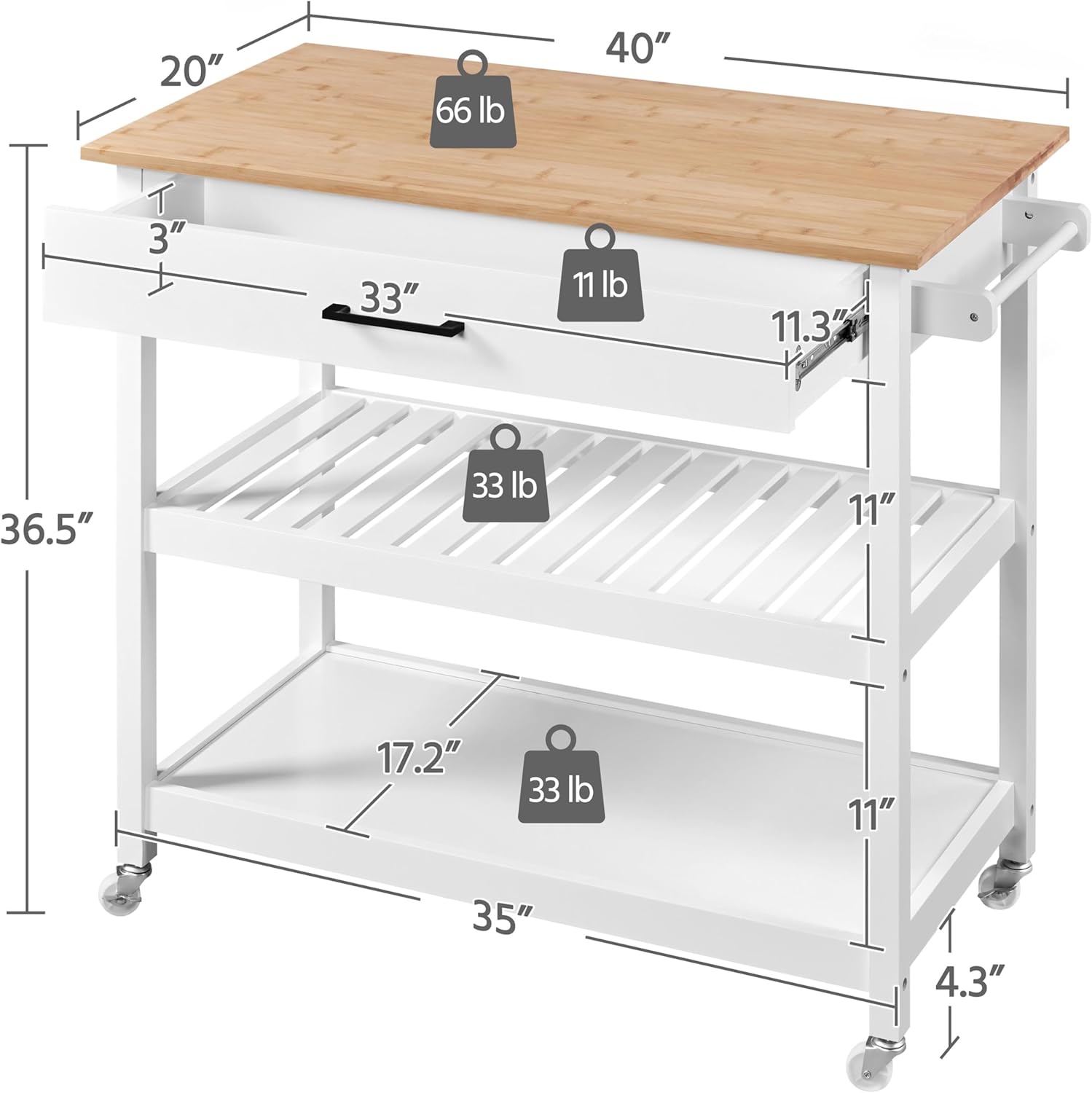 Modern 40" Kitchen Island Cart on Wheels with Solid Bamboo Top, Spacious Drawer, and 2 Tiered Storage Shelves - Versatile Serving Trolley in White