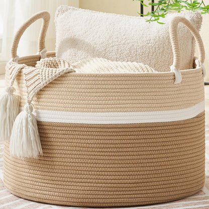 Large Blanket Basket (20"X13"),Woven Baskets for Storage Baby Laundry Hamper, Cotton Rope Blanket Basket for Living Room, Laundry, Nursery, Pillows, Baby Toy Chest (White/Brown)