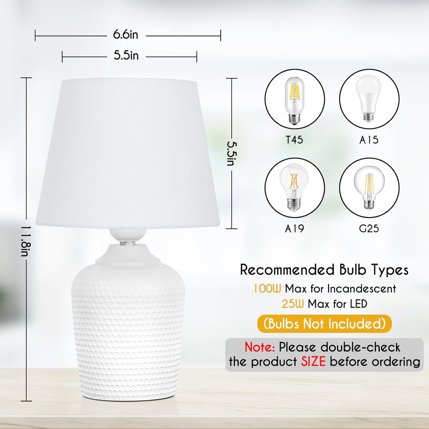 Small 12'' Table Lamps Set of 2, Bedside Nightstand Lamps for Bedroom Kid’S Room, Cute Desk Lamps with Studded Texture Base for Reading Nursery Living Room Office, White