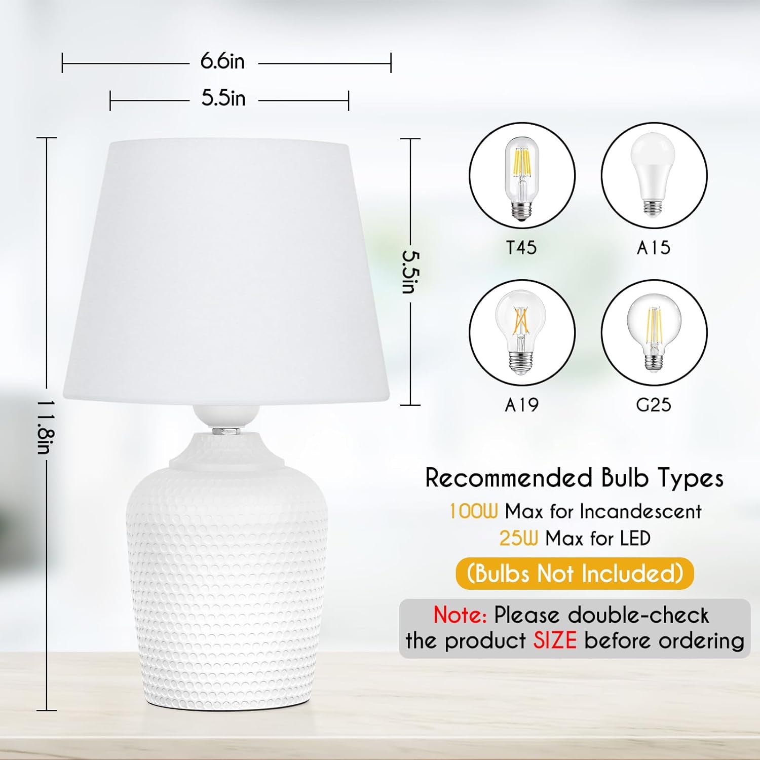 Small 12'' Table Lamps Set of 2, Bedside Nightstand Lamps for Bedroom Kid’S Room, Cute Desk Lamps with Studded Texture Base for Reading Nursery Living Room Office, White