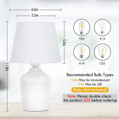 Small 12'' Table Lamps Set of 2, Bedside Nightstand Lamps for Bedroom Kid’S Room, Cute Desk Lamps with Studded Texture Base for Reading Nursery Living Room Office, White