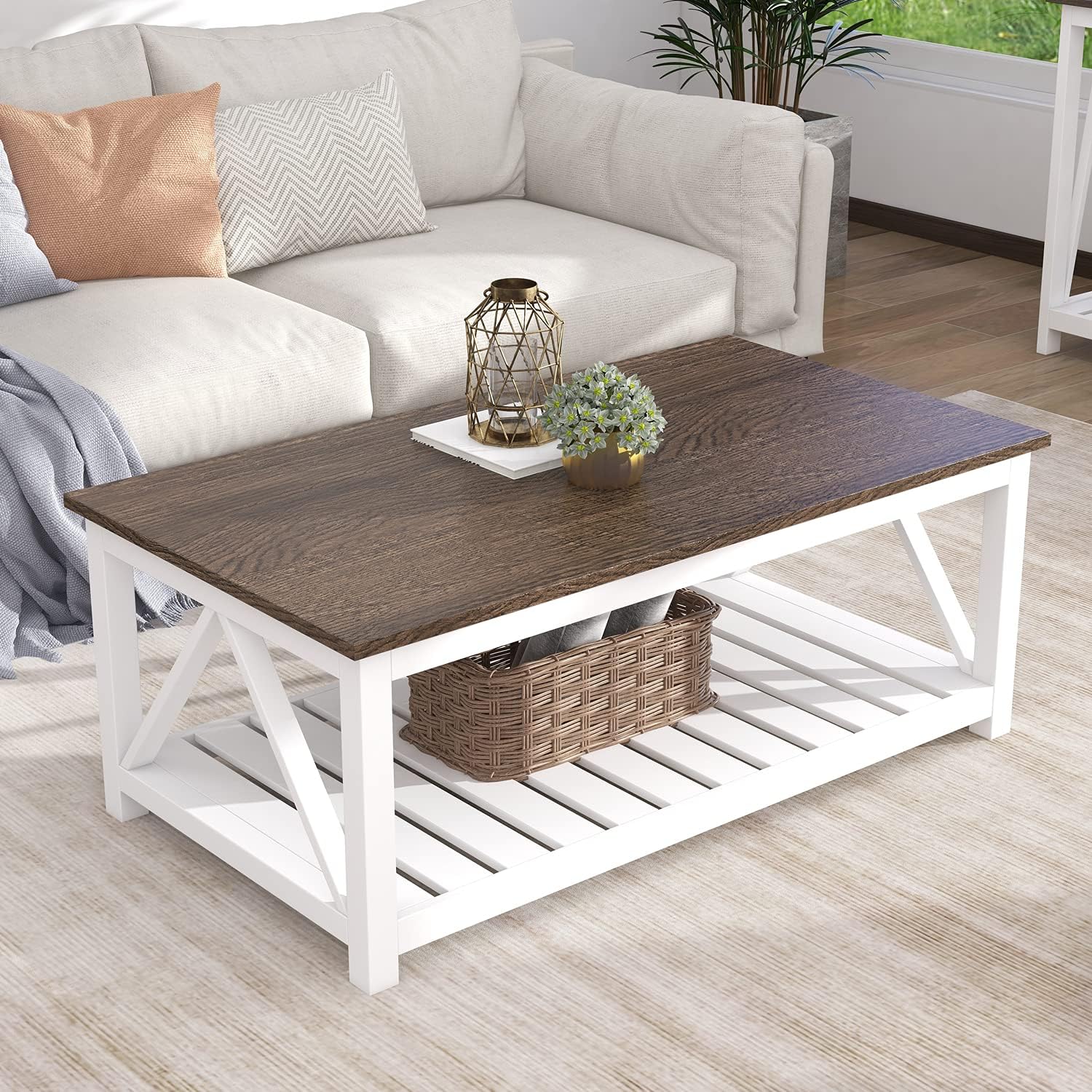 Charming Farmhouse Coffee Table - Rustic Vintage Design with Convenient Storage Shelf in Elegant White