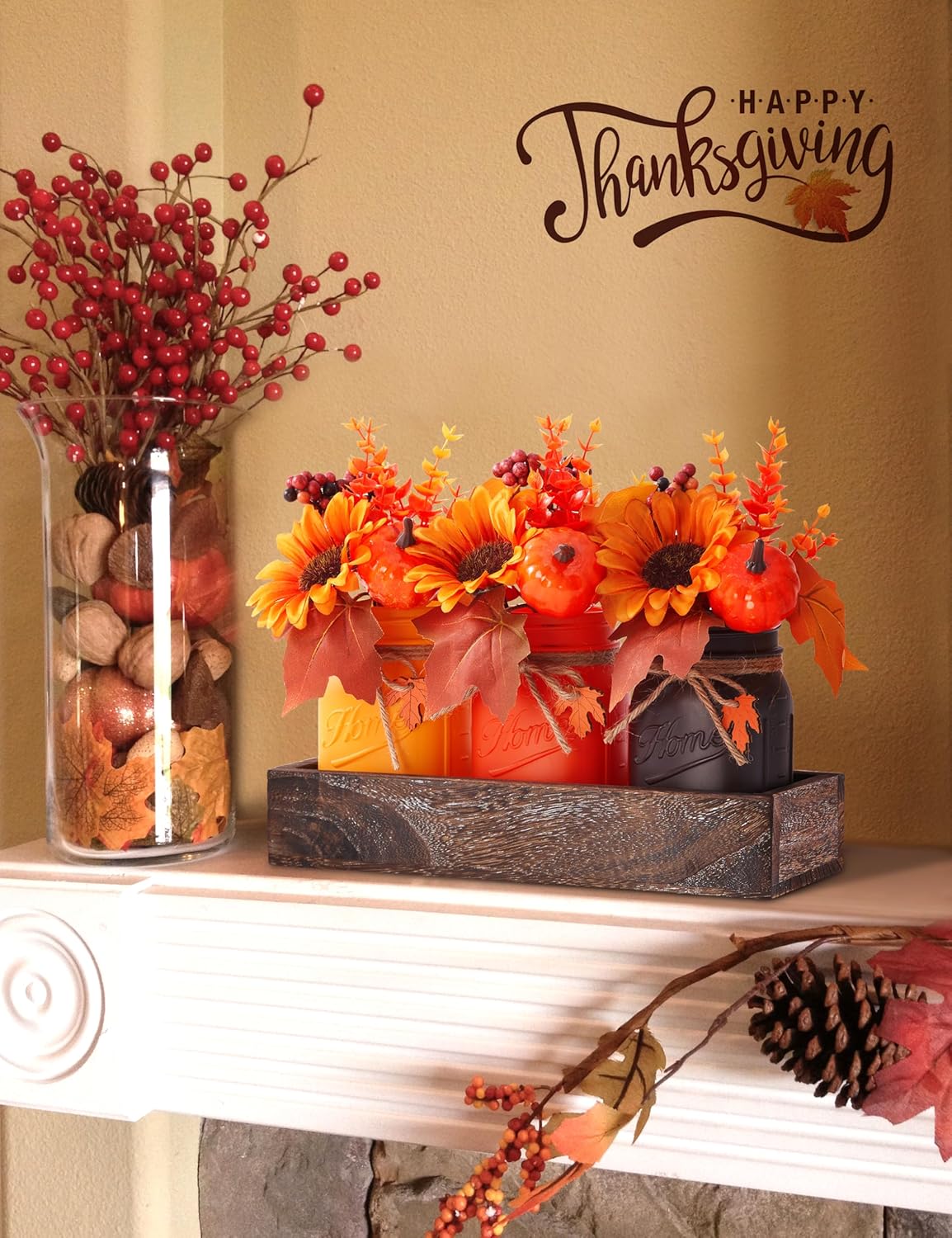 Mason Jar Fall Thanksgiving Centerpieces for Tables Fall Thanksgiving Table Decor, Flower, Wood Tray, Pumpkin Centerpieces Table Decorations for Home Indoor, 25 Pcs Autumn Kitchen Decor