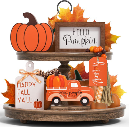 Fall Tiered Tray Decor Set - 5 Pcs Pumpkin Wooden Signs Fall Decor Bead Garland, Fall Decorations for Home Kitchen Table Party Decorations