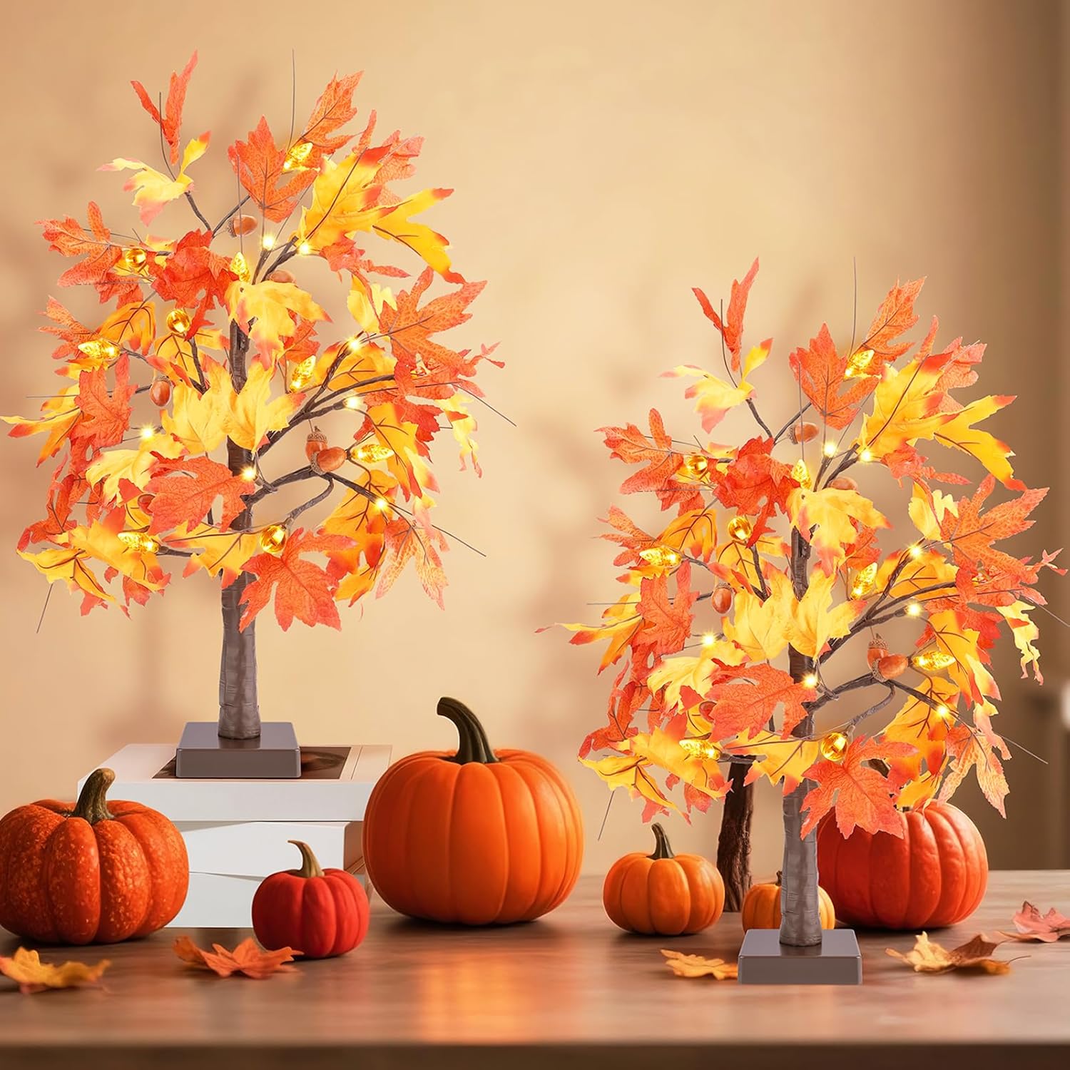 2 Pack 24" Lighted Artificial Maple Trees with 24 LED Lights, Battery Operated Fall Decor Tree, Perfect for Thanksgiving, Autumn Harvest, Weddings & Indoor Table Centerpieces