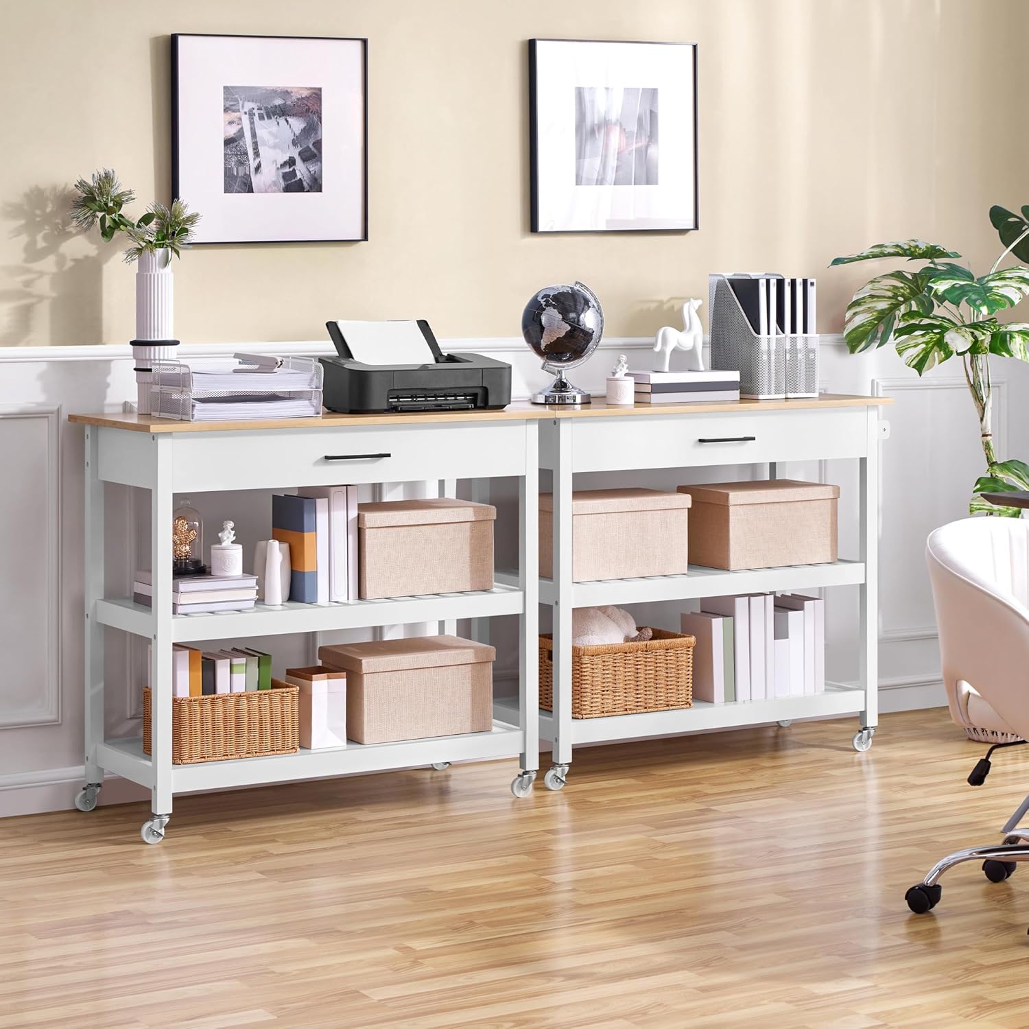 Modern 40" Kitchen Island Cart on Wheels with Solid Bamboo Top, Spacious Drawer, and 2 Tiered Storage Shelves - Versatile Serving Trolley in White