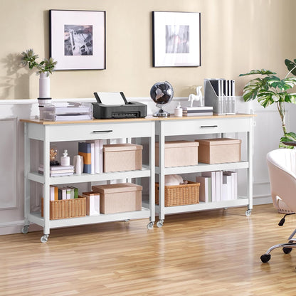 Modern 40" Kitchen Island Cart on Wheels with Solid Bamboo Top, Spacious Drawer, and 2 Tiered Storage Shelves - Versatile Serving Trolley in White