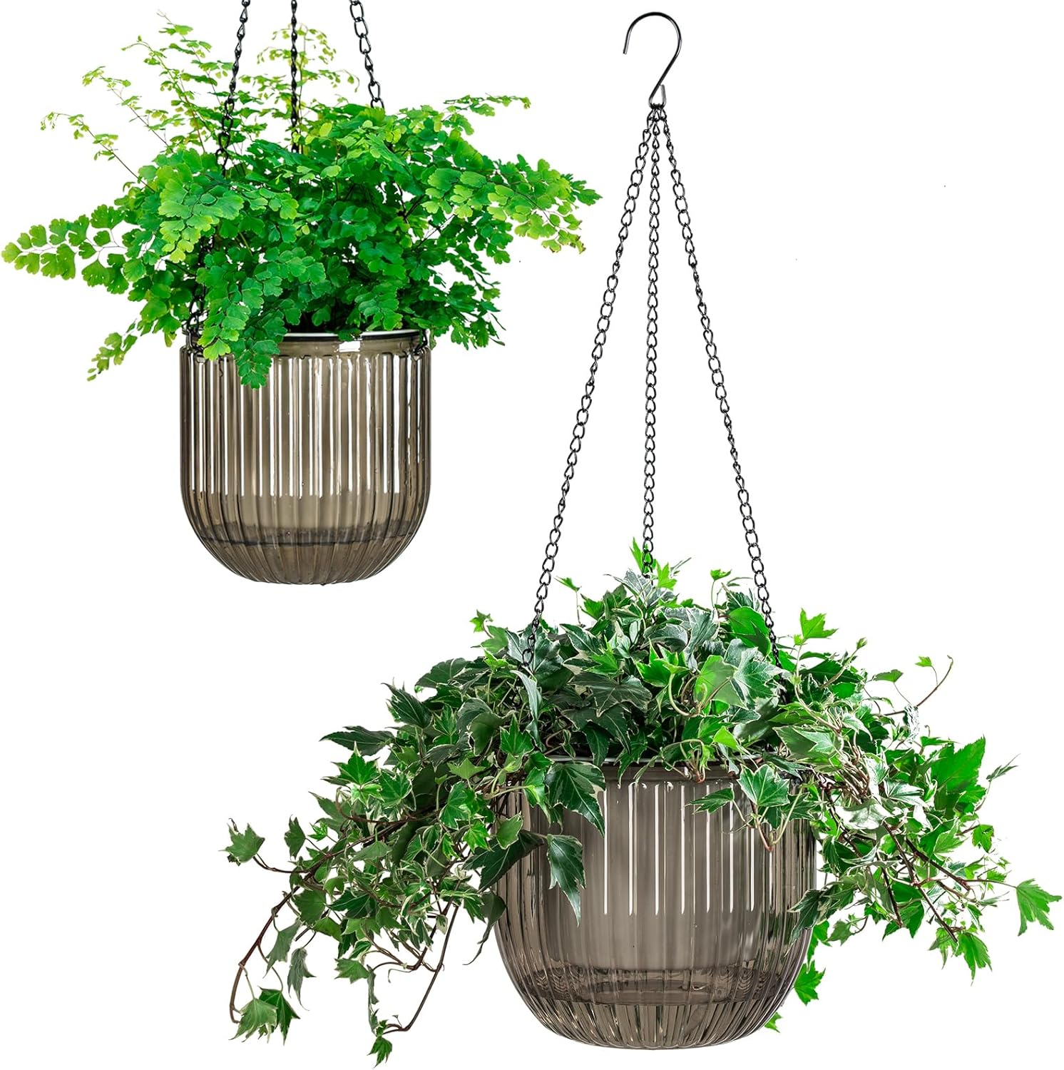 Elegant 2 Pack Self-Watering Hanging Planters - 6.5 Inch Indoor/Outdoor Flower Pots with Drainage Holes and 3 Hooks in Emerald and Gray