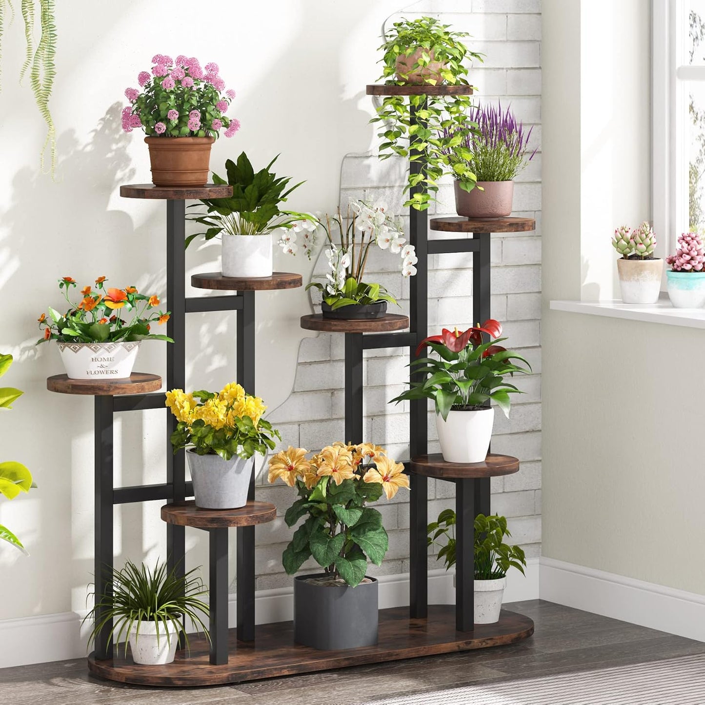 Multi-Tiered Plant Stand for Indoor and Outdoor Use - Rustic Brown 11-Pot Display Shelf for Beautiful Plant Organization
