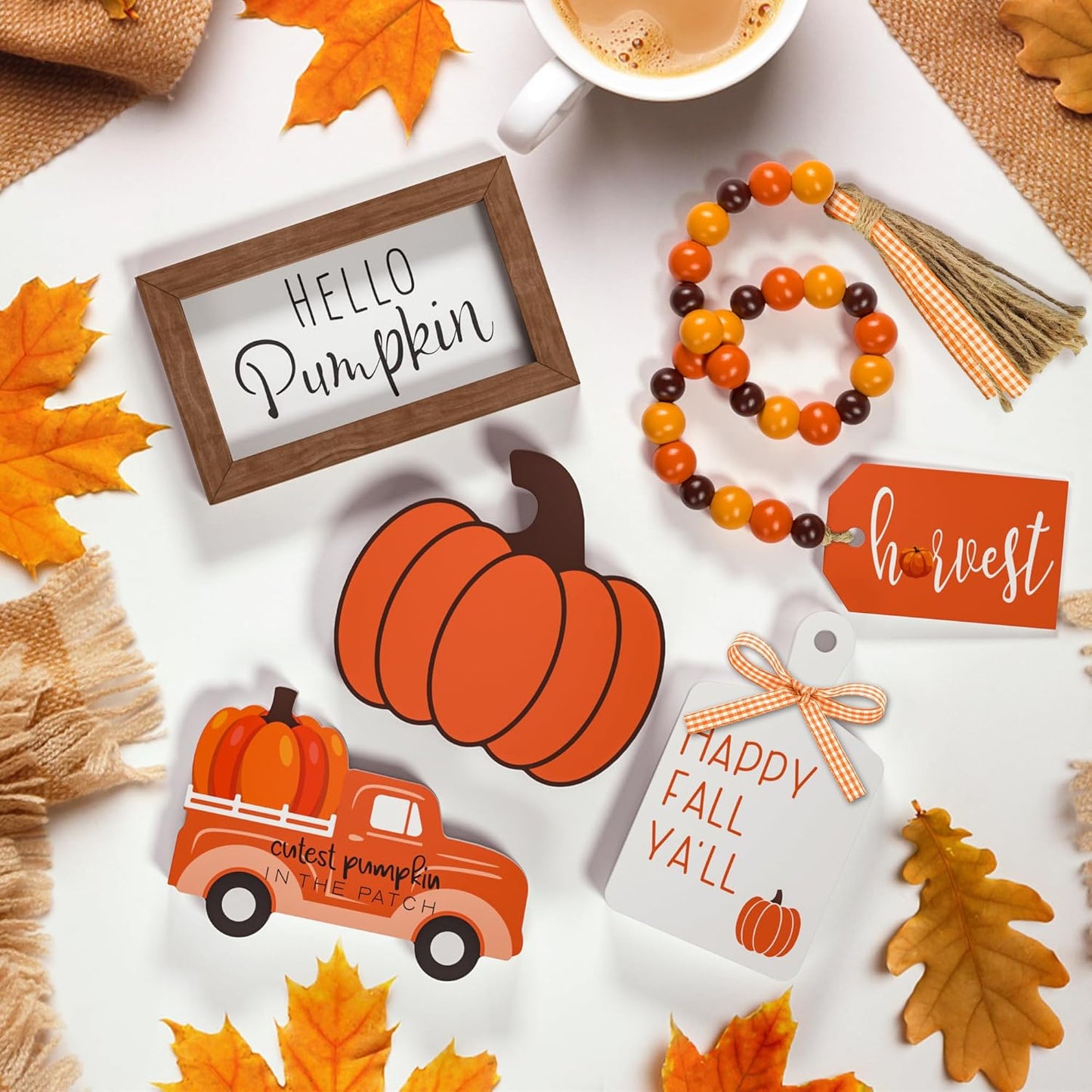 Fall Tiered Tray Decor Set - 5 Pcs Pumpkin Wooden Signs Fall Decor Bead Garland, Fall Decorations for Home Kitchen Table Party Decorations