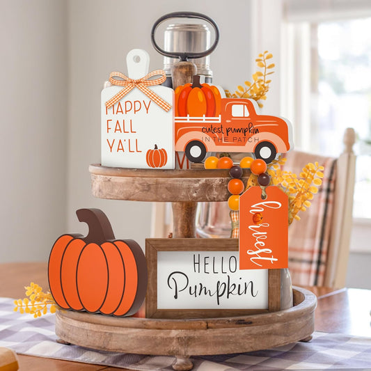 Fall Tiered Tray Decor Set - 5 Pcs Pumpkin Wooden Signs Fall Decor Bead Garland, Fall Decorations for Home Kitchen Table Party Decorations