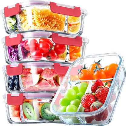 Versatile 5 Pack Glass Meal Prep Containers - 3 Compartment, 36OZ Airtight Lunch Containers for Effortless Meal Storage & On-the-Go Convenience