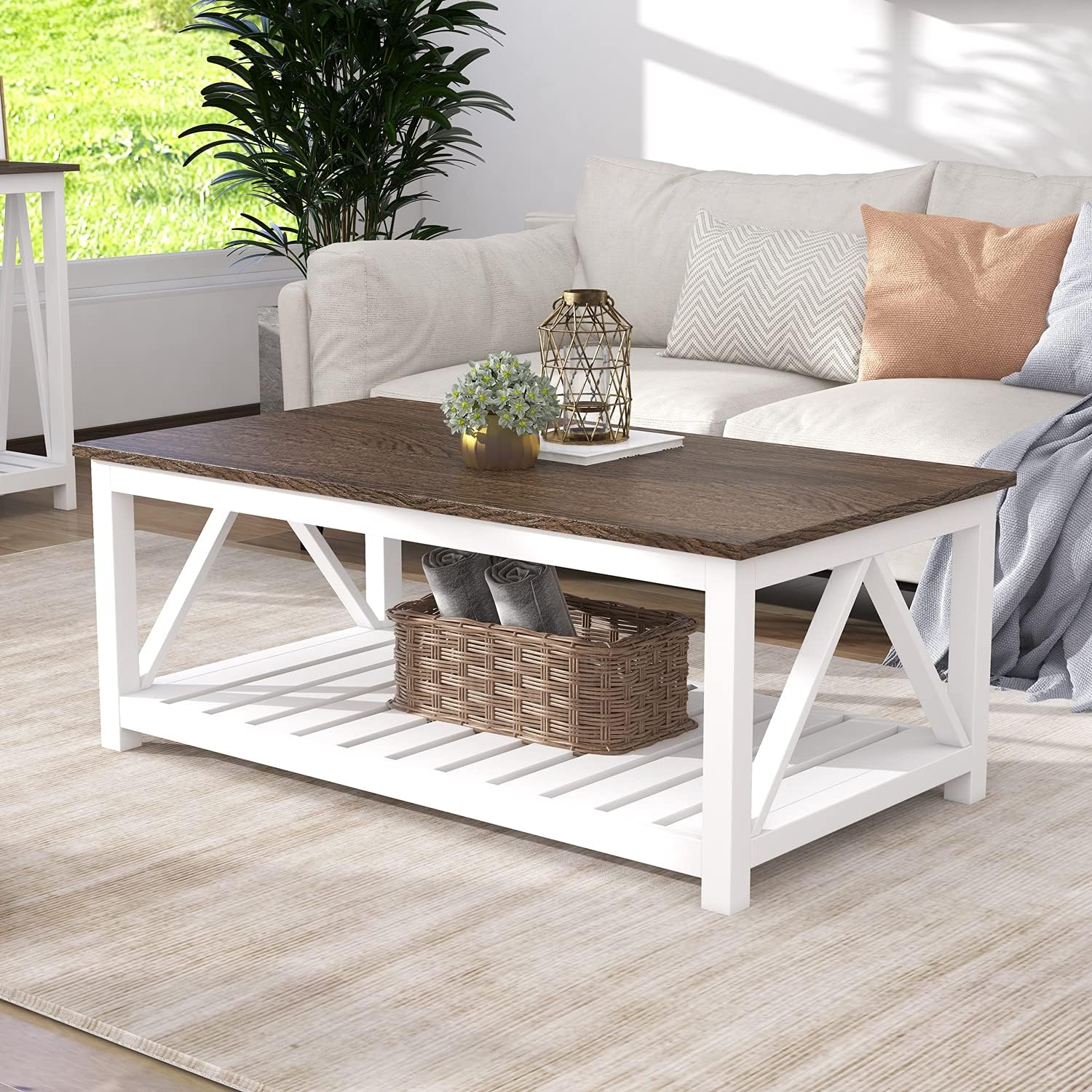 Charming Farmhouse Coffee Table - Rustic Vintage Design with Convenient Storage Shelf in Elegant White
