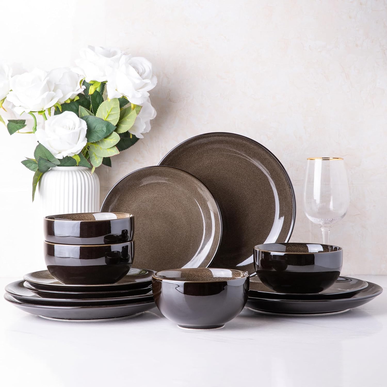Elevate Your Dining Experience with Our Elegant Ceramic Dinnerware Set for 4 - Stylish, Durable, and Microwave Safe Stoneware Plates and Bowls