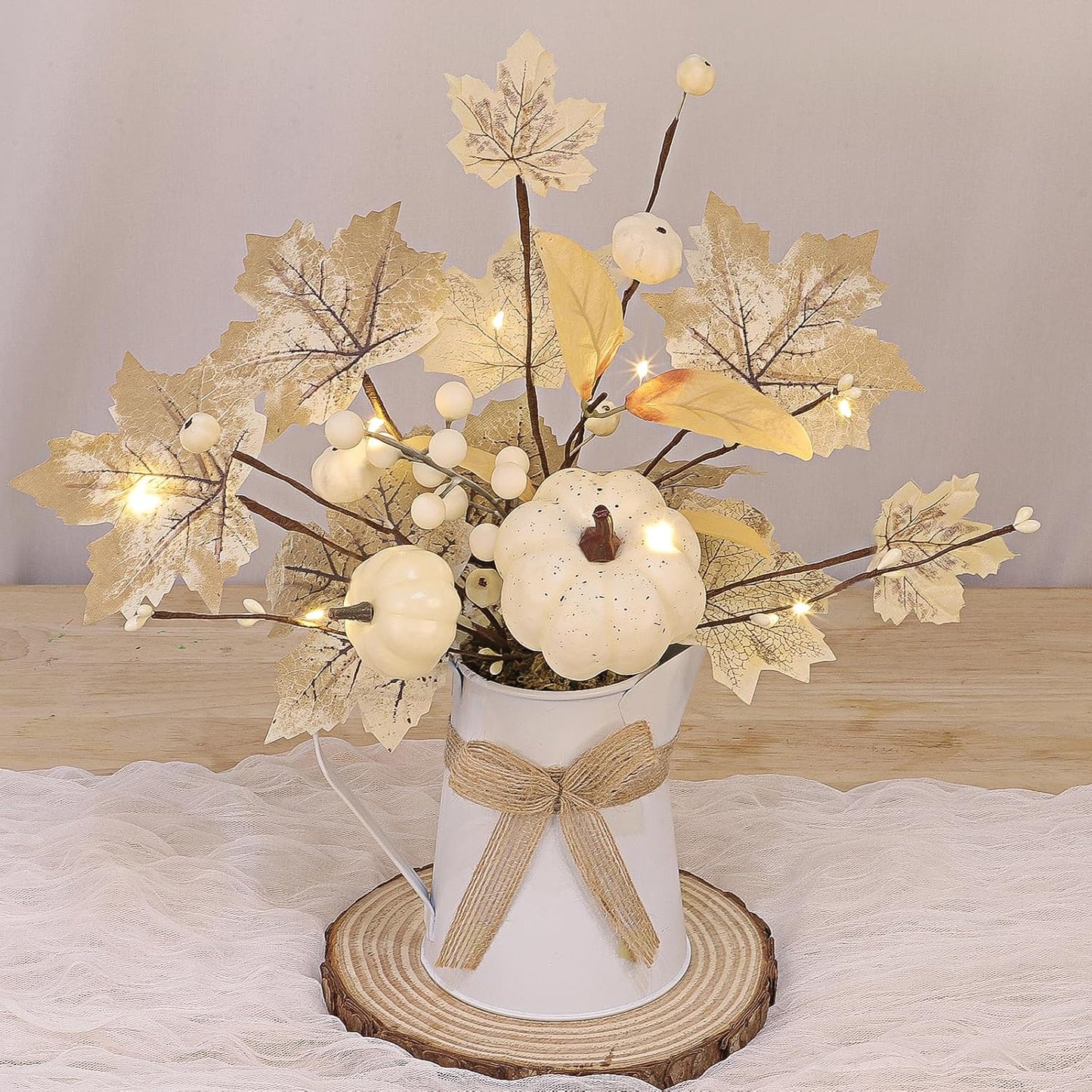 [Light & Timer] Fall Decor Table Centerpiece Potted White Maple Arrangement in Metal Pitcher Neutral Rustic Artificial White Pumpkin Berries Fall Decoration for Home Mantel Autumn Thanksgiving Wedding