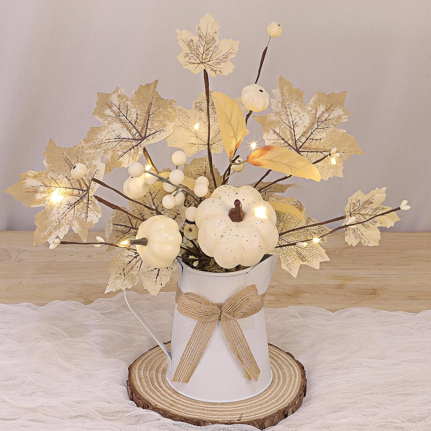 [Light & Timer] Fall Decor Table Centerpiece Potted White Maple Arrangement in Metal Pitcher Neutral Rustic Artificial White Pumpkin Berries Fall Decoration for Home Mantel Autumn Thanksgiving Wedding
