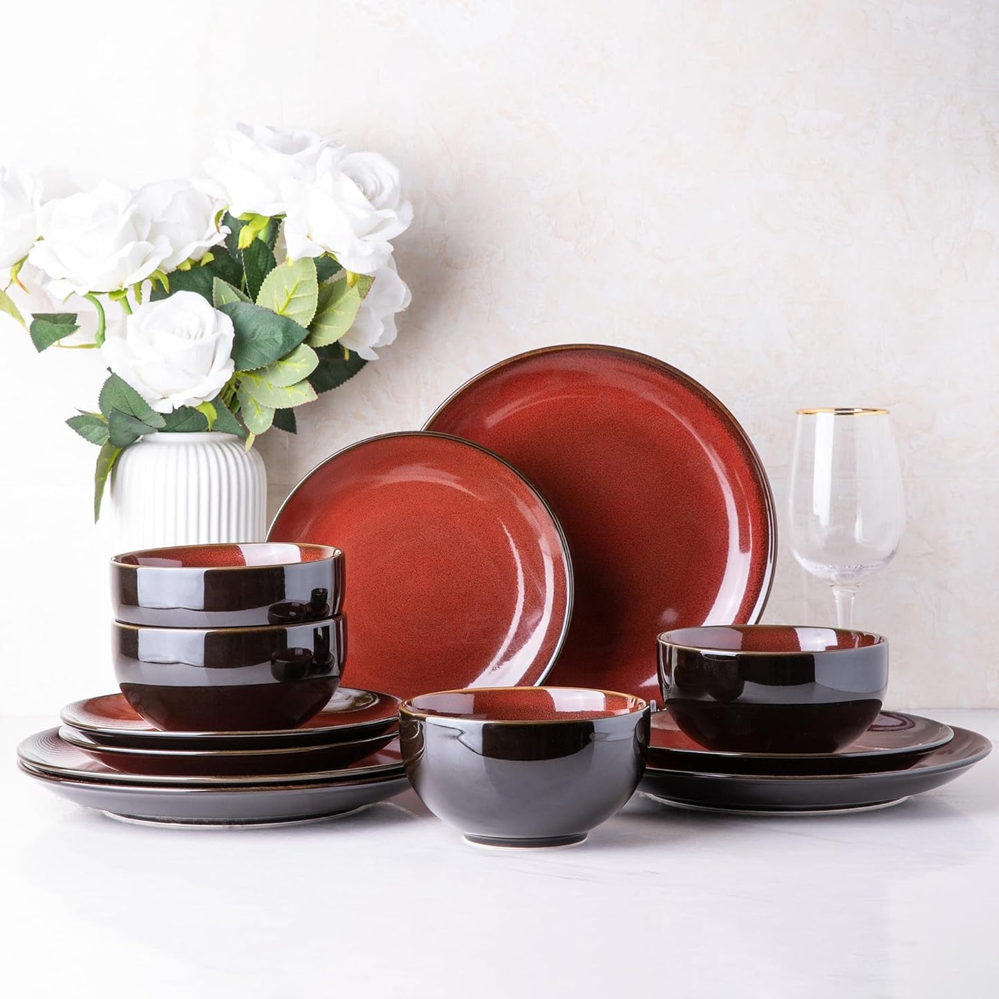 Elevate Your Dining Experience with Our Elegant Ceramic Dinnerware Set for 4 - Stylish, Durable, and Microwave Safe Stoneware Plates and Bowls