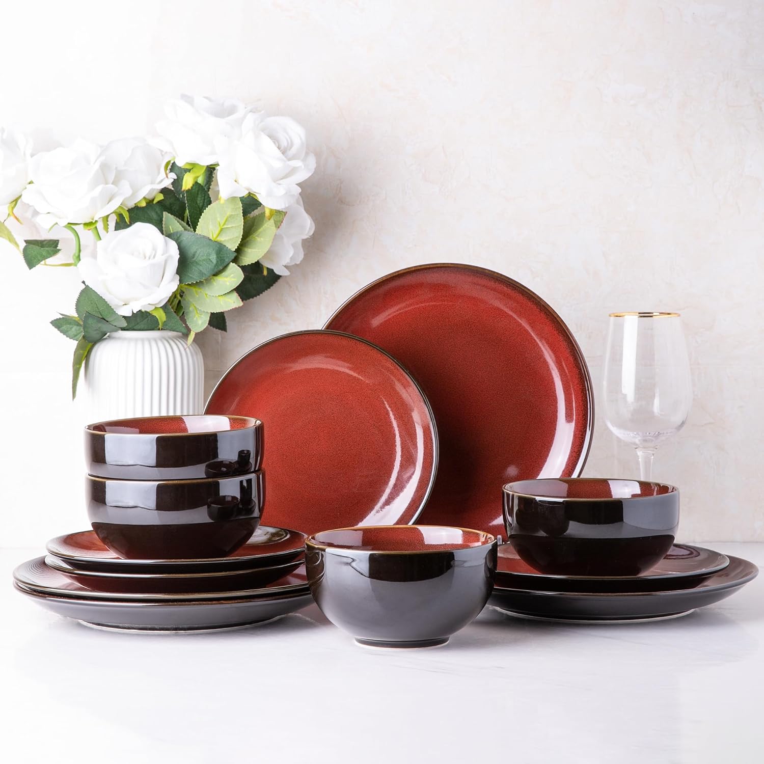 Elevate Your Dining Experience with Our Elegant Ceramic Dinnerware Set for 4 - Stylish, Durable, and Microwave Safe Stoneware Plates and Bowls