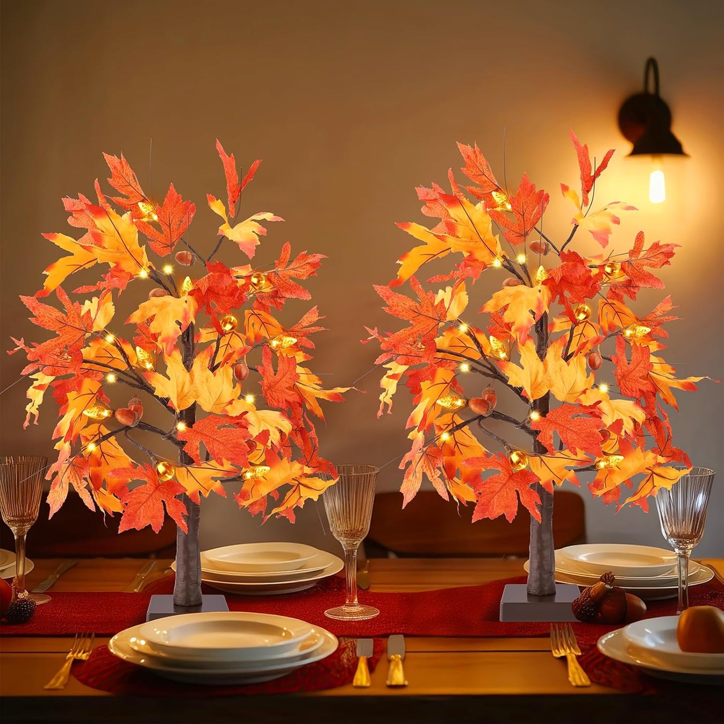 2 Pack 24" Lighted Artificial Maple Trees with 24 LED Lights, Battery Operated Fall Decor Tree, Perfect for Thanksgiving, Autumn Harvest, Weddings & Indoor Table Centerpieces