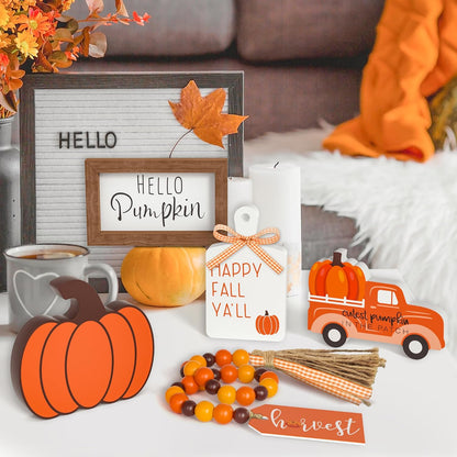 Fall Tiered Tray Decor Set - 5 Pcs Pumpkin Wooden Signs Fall Decor Bead Garland, Fall Decorations for Home Kitchen Table Party Decorations