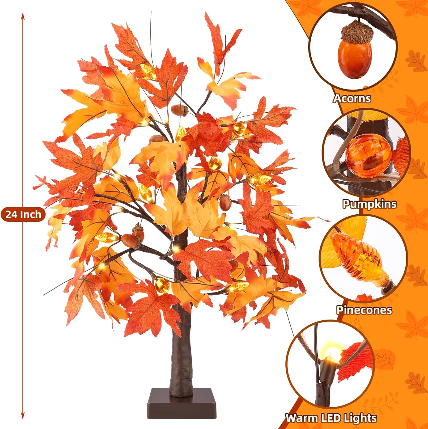 2 Pack 24" Lighted Artificial Maple Trees with 24 LED Lights, Battery Operated Fall Decor Tree, Perfect for Thanksgiving, Autumn Harvest, Weddings & Indoor Table Centerpieces