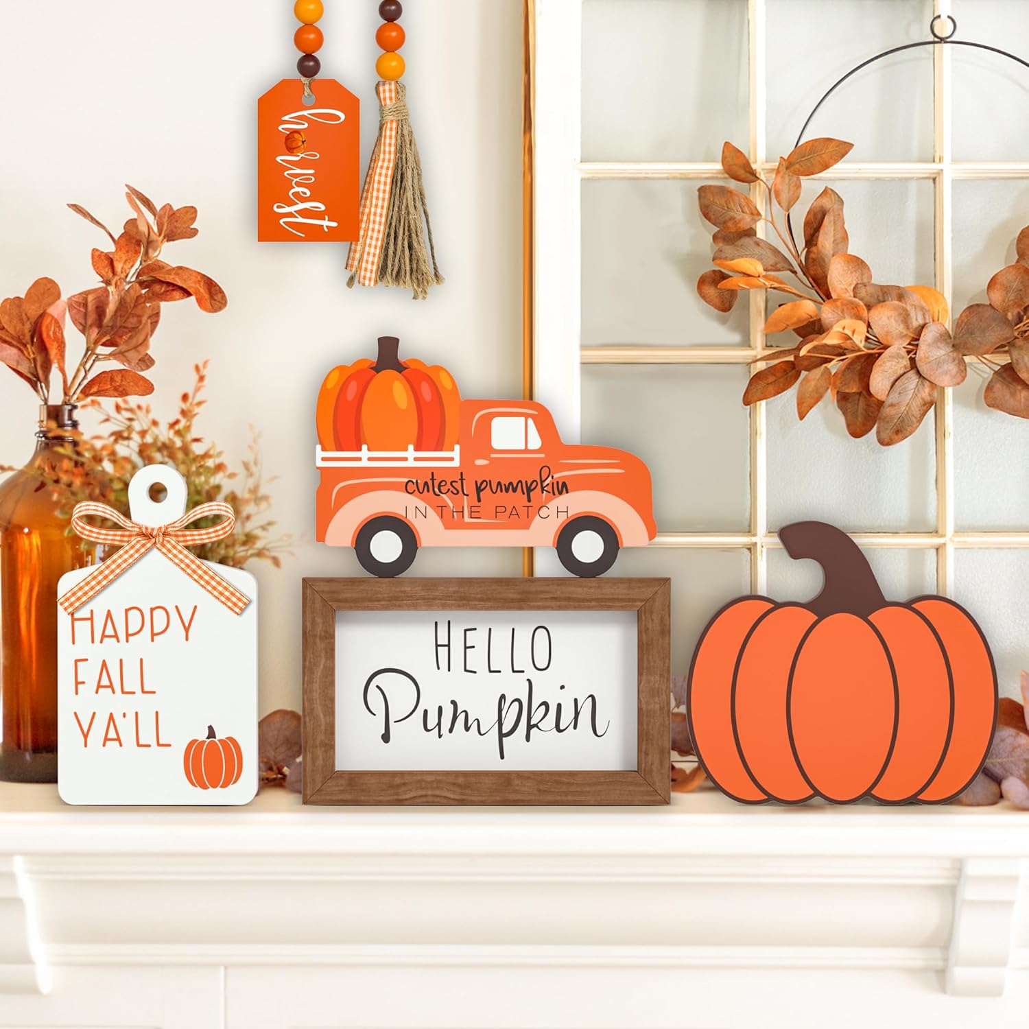 Fall Tiered Tray Decor Set - 5 Pcs Pumpkin Wooden Signs Fall Decor Bead Garland, Fall Decorations for Home Kitchen Table Party Decorations