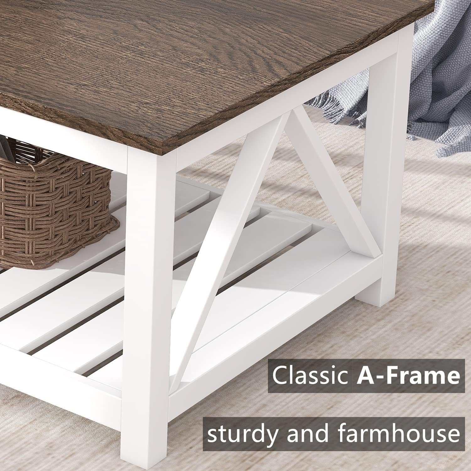 Charming Farmhouse Coffee Table - Rustic Vintage Design with Convenient Storage Shelf in Elegant White