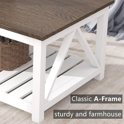 Charming Farmhouse Coffee Table - Rustic Vintage Design with Convenient Storage Shelf in Elegant White