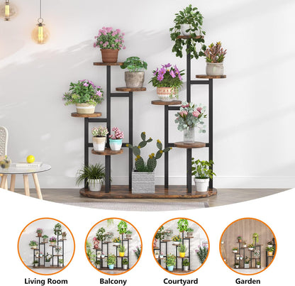 Stylish Multi-Tiered Plant Stand for Indoor and Outdoor Use - Rustic Brown 11-Pot Display Shelf for Beautiful Plant Organization