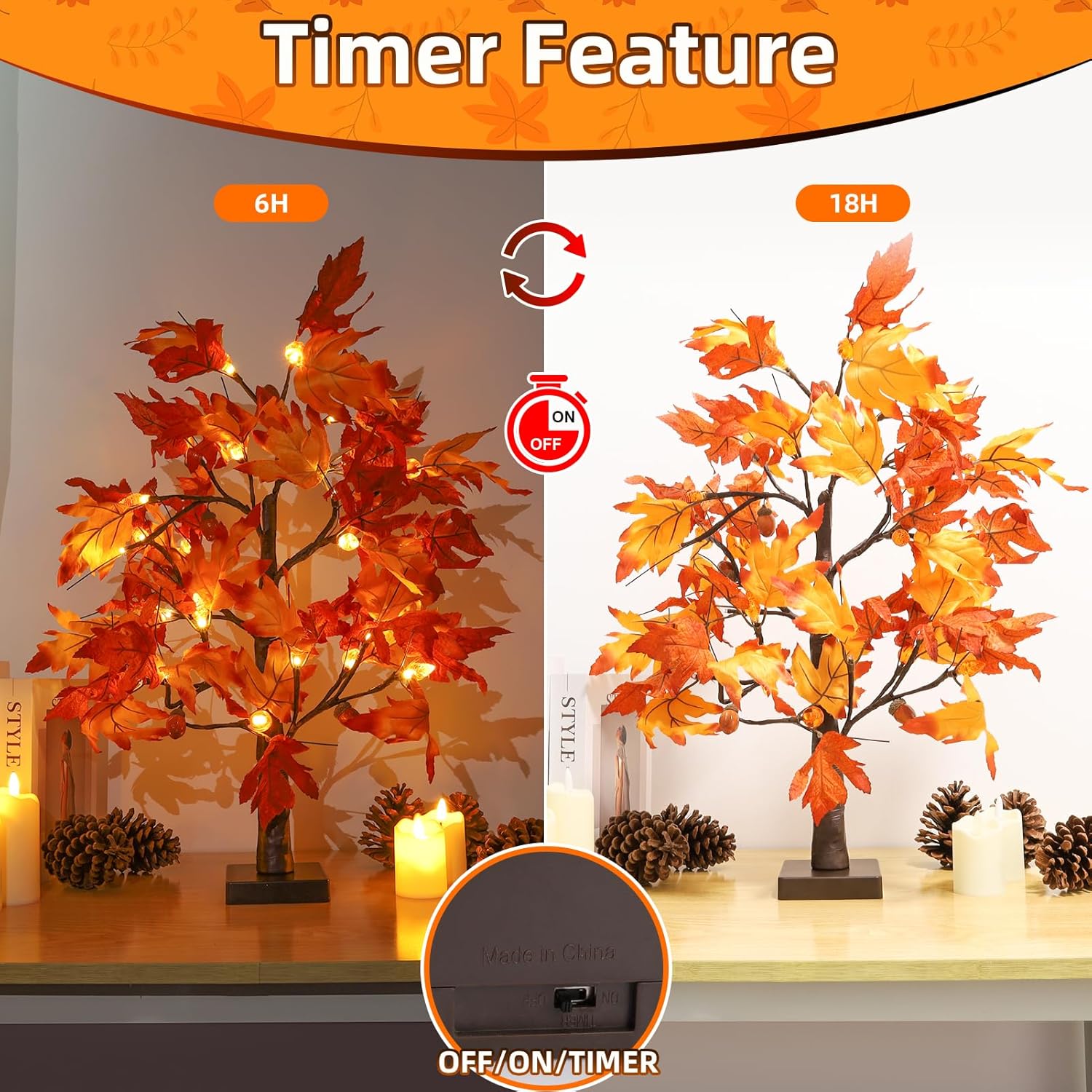 2 Pack 24" Lighted Artificial Maple Trees with 24 LED Lights, Battery Operated Fall Decor Tree, Perfect for Thanksgiving, Autumn Harvest, Weddings & Indoor Table Centerpieces