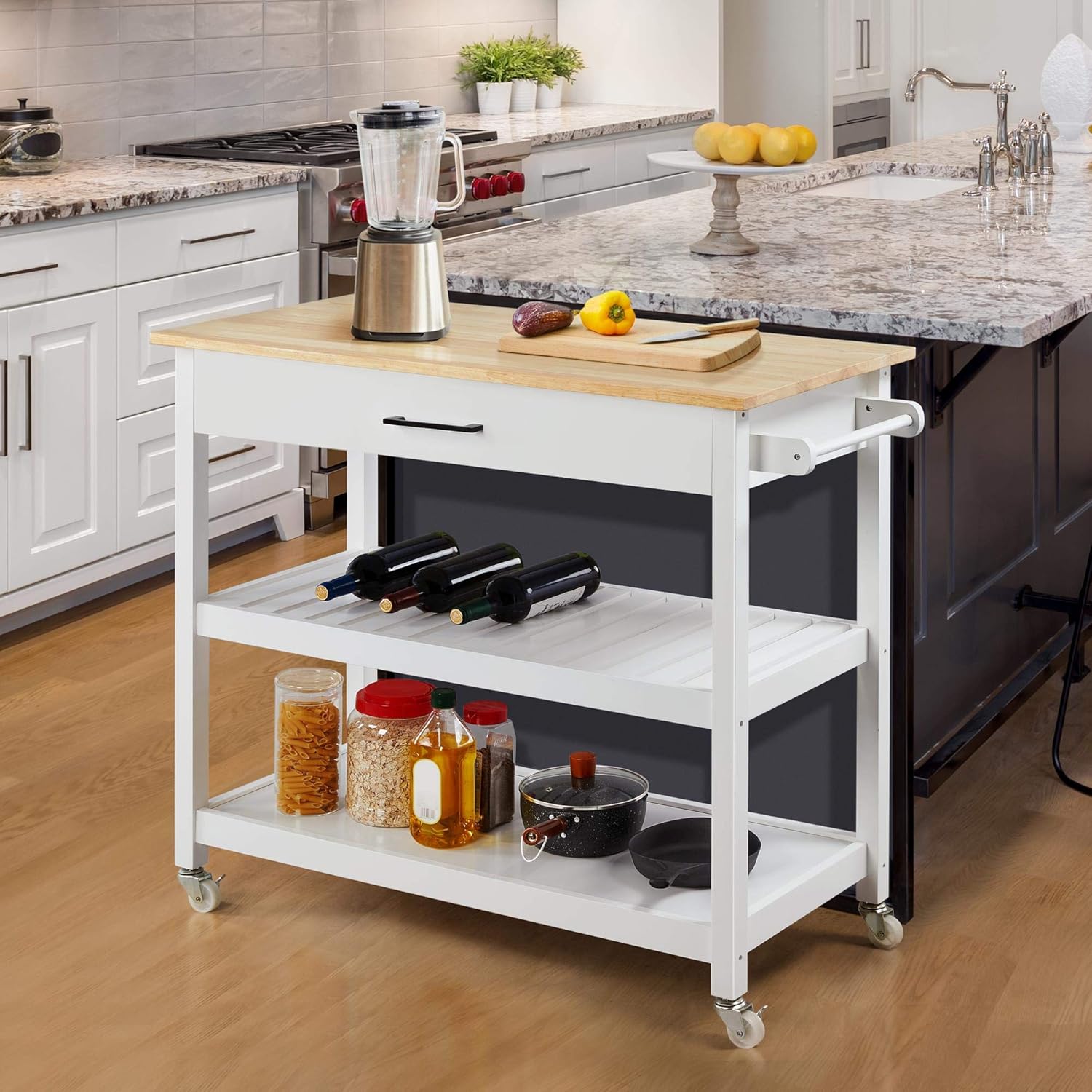 Modern 40" Kitchen Island Cart on Wheels with Solid Bamboo Top, Spacious Drawer, and 2 Tiered Storage Shelves - Versatile Serving Trolley in White