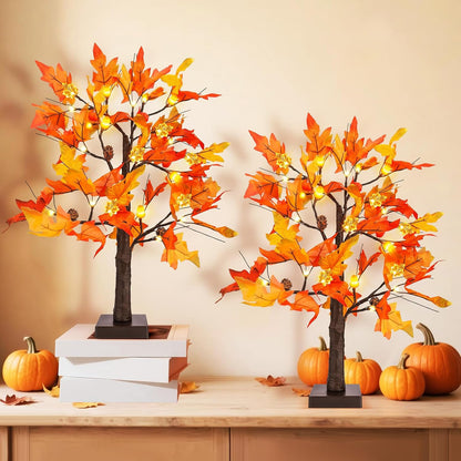 2 Pack 24" Lighted Artificial Maple Trees with 24 LED Lights, Battery Operated Fall Decor Tree, Perfect for Thanksgiving, Autumn Harvest, Weddings & Indoor Table Centerpieces