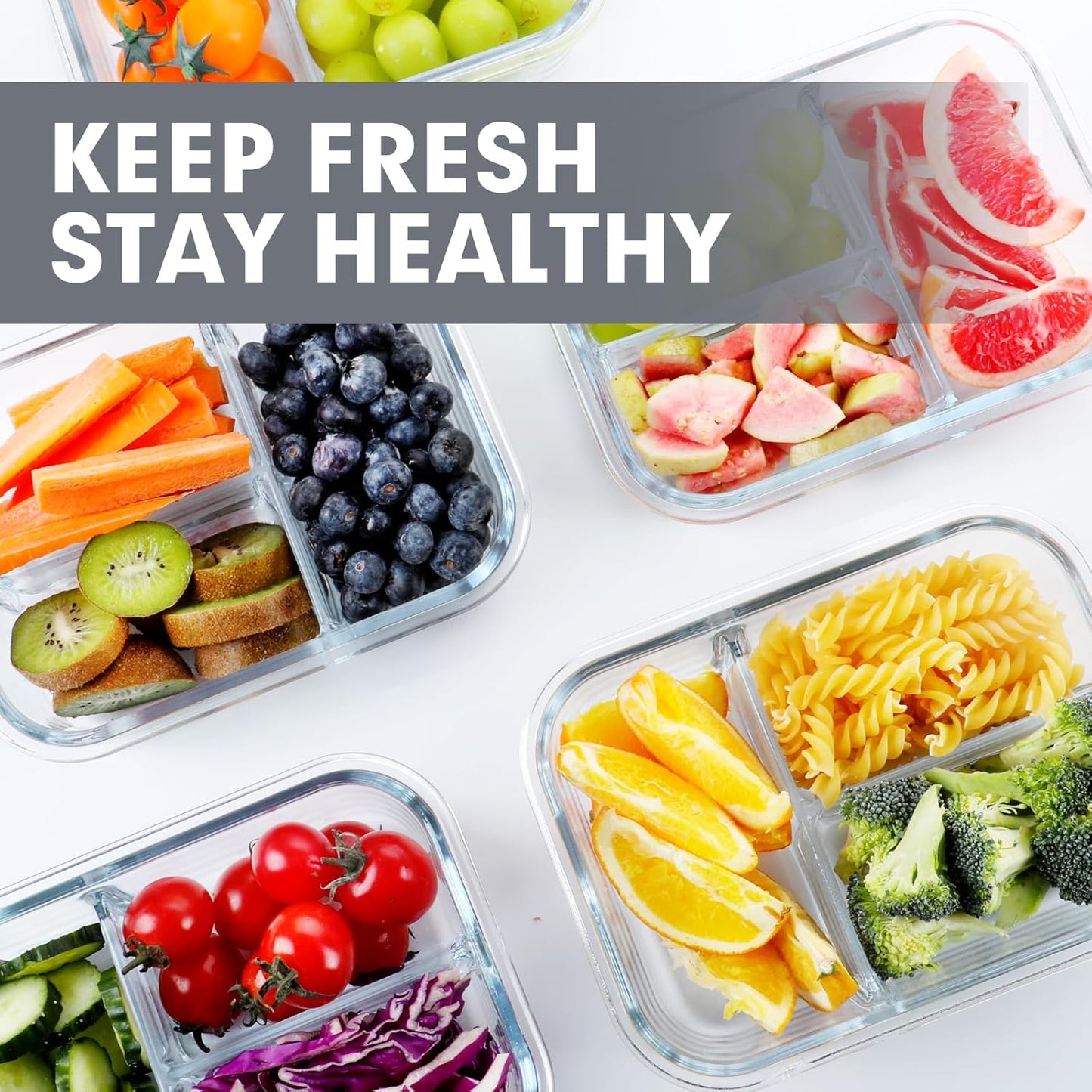 Versatile 5 Pack Glass Meal Prep Containers - 3 Compartment, 36OZ Airtight Lunch Containers for Effortless Meal Storage & On-the-Go Convenience