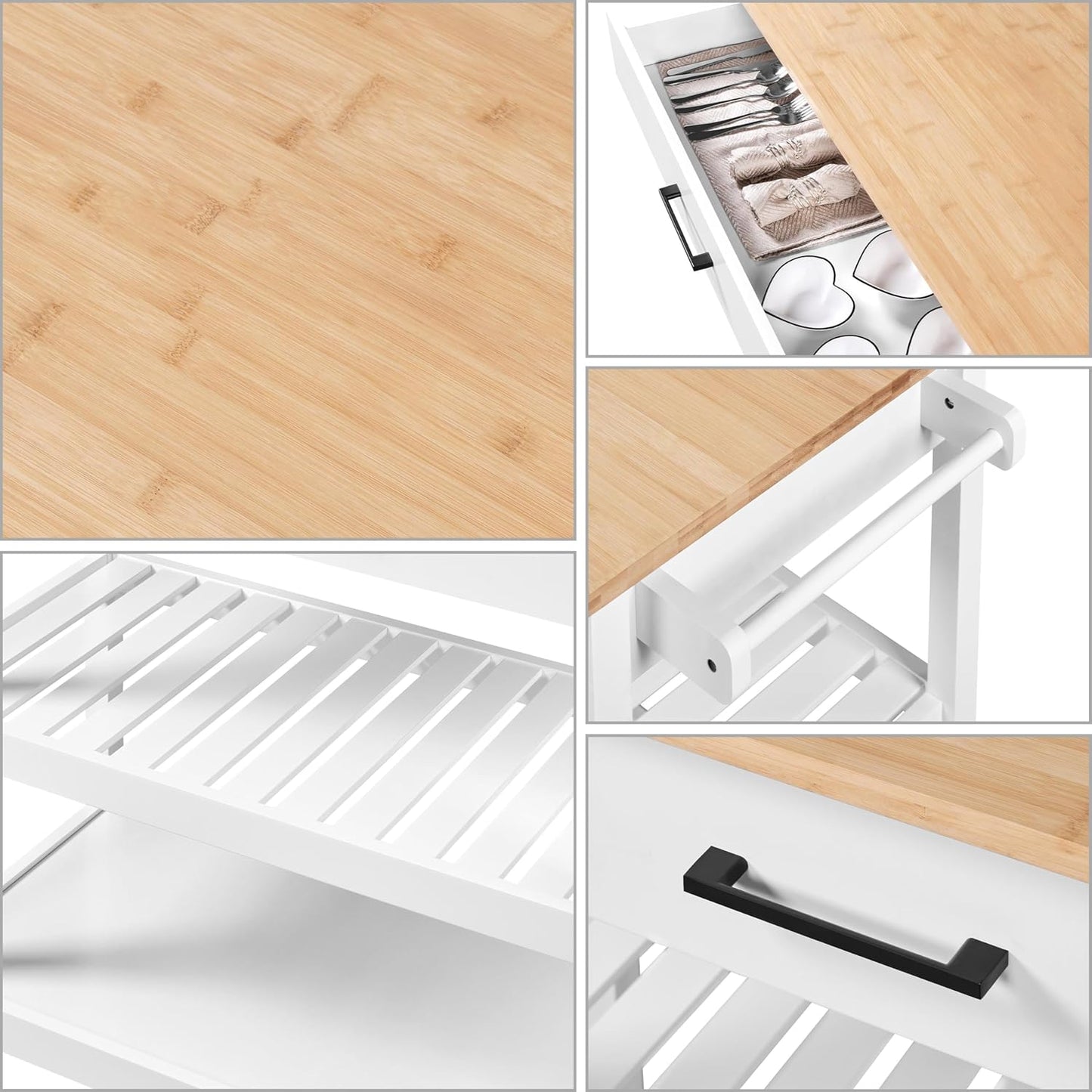Modern 40" Kitchen Island Cart on Wheels with Solid Bamboo Top, Spacious Drawer, and 2 Tiered Storage Shelves - Versatile Serving Trolley in White