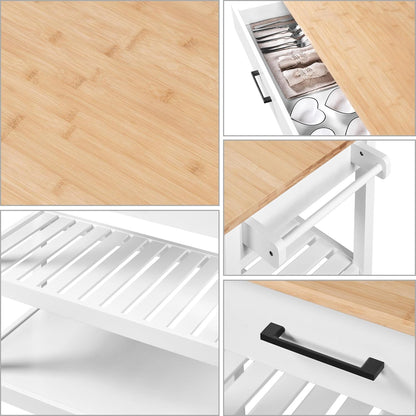 Modern 40" Kitchen Island Cart on Wheels with Solid Bamboo Top, Spacious Drawer, and 2 Tiered Storage Shelves - Versatile Serving Trolley in White
