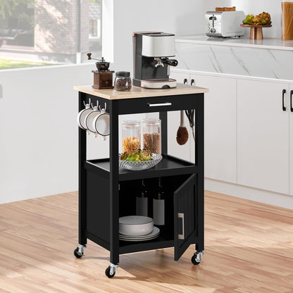 Versatile Black Kitchen Island on Wheels with Wooden Top, Drawer, and Open Shelf for Convenient Storage in Dining Spaces, 22" x 18" x 35"