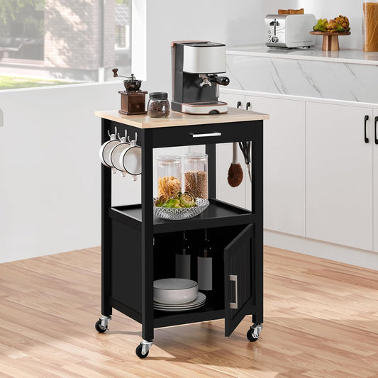 Versatile Black Kitchen Island on Wheels with Wooden Top, Drawer, and Open Shelf for Convenient Storage in Dining Spaces, 22" x 18" x 35"