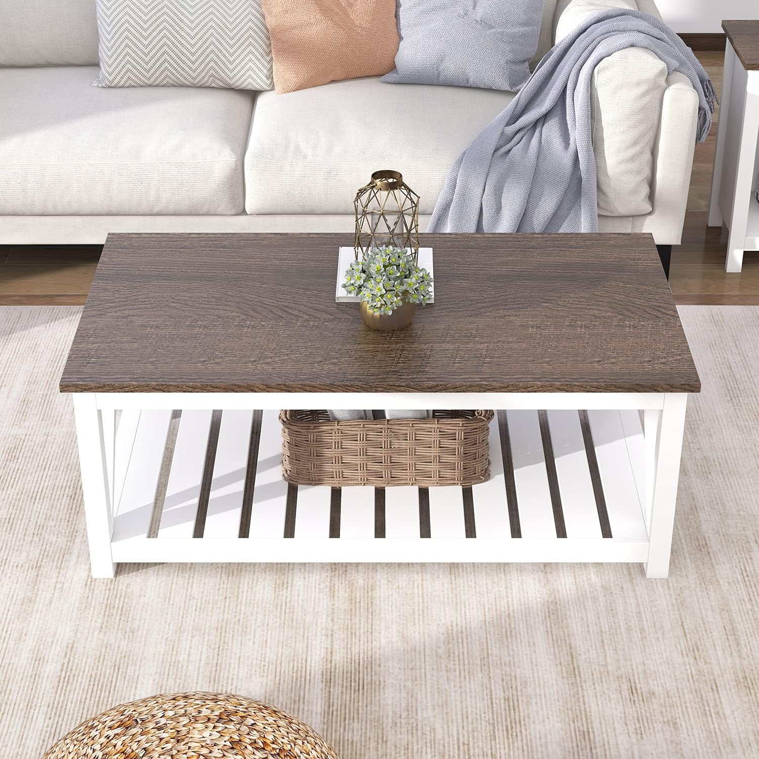Charming Farmhouse Coffee Table - Rustic Vintage Design with Convenient Storage Shelf in Elegant White