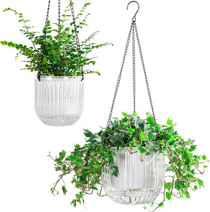 Elegant 2 Pack Self-Watering Hanging Planters - 6.5 Inch Indoor/Outdoor Flower Pots with Drainage Holes and 3 Hooks in Emerald and Gray