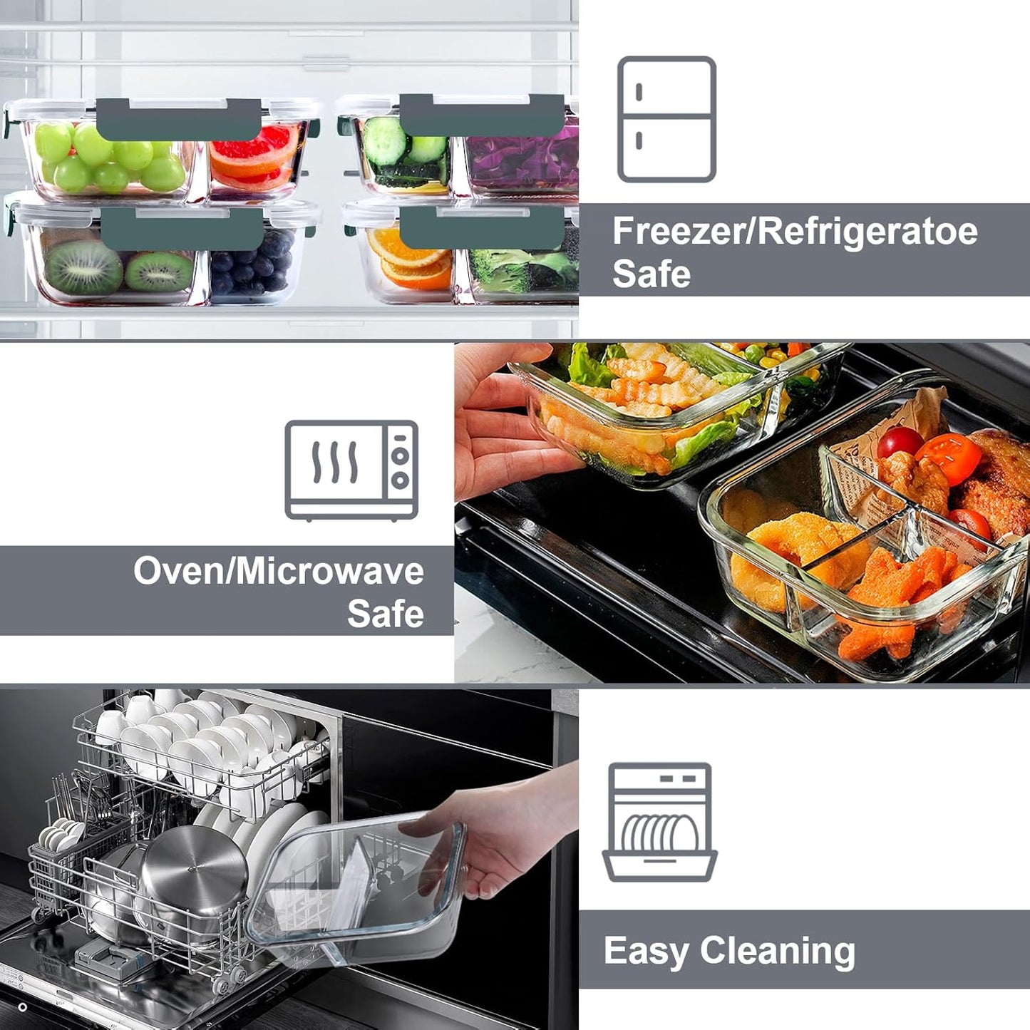 Versatile 5 Pack Glass Meal Prep Containers - 3 Compartment, 36OZ Airtight Lunch Containers for Effortless Meal Storage & On-the-Go Convenience