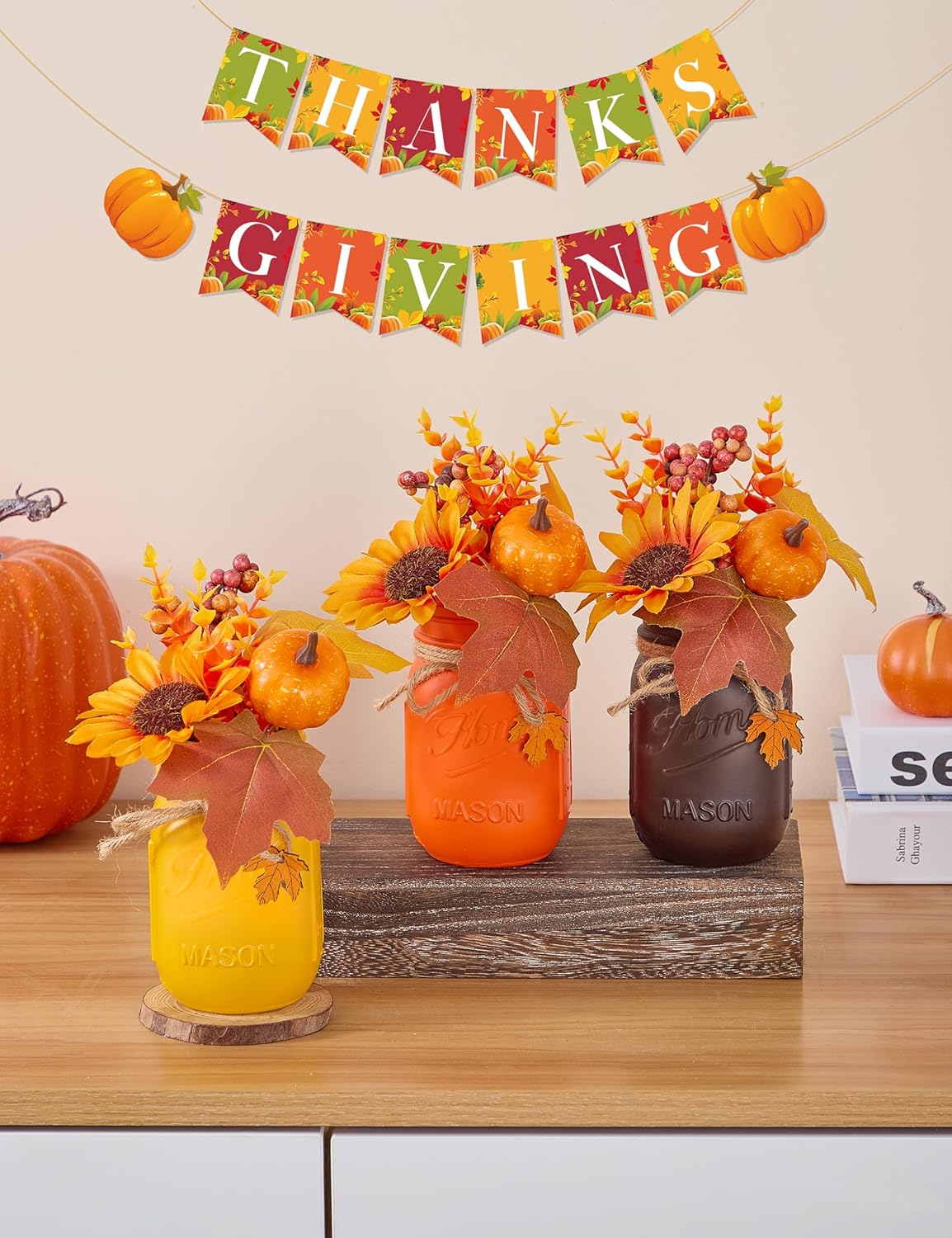 Mason Jar Fall Thanksgiving Centerpieces for Tables Fall Thanksgiving Table Decor, Flower, Wood Tray, Pumpkin Centerpieces Table Decorations for Home Indoor, 25 Pcs Autumn Kitchen Decor