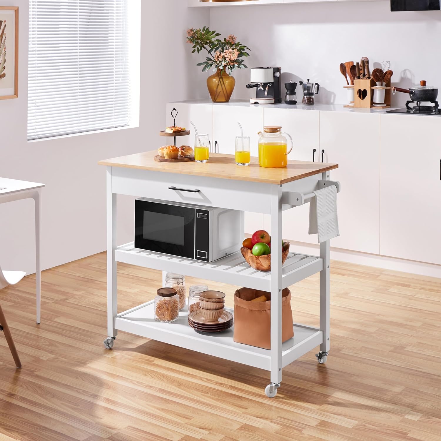 Modern 40" Kitchen Island Cart on Wheels with Solid Bamboo Top, Spacious Drawer, and 2 Tiered Storage Shelves - Versatile Serving Trolley in White