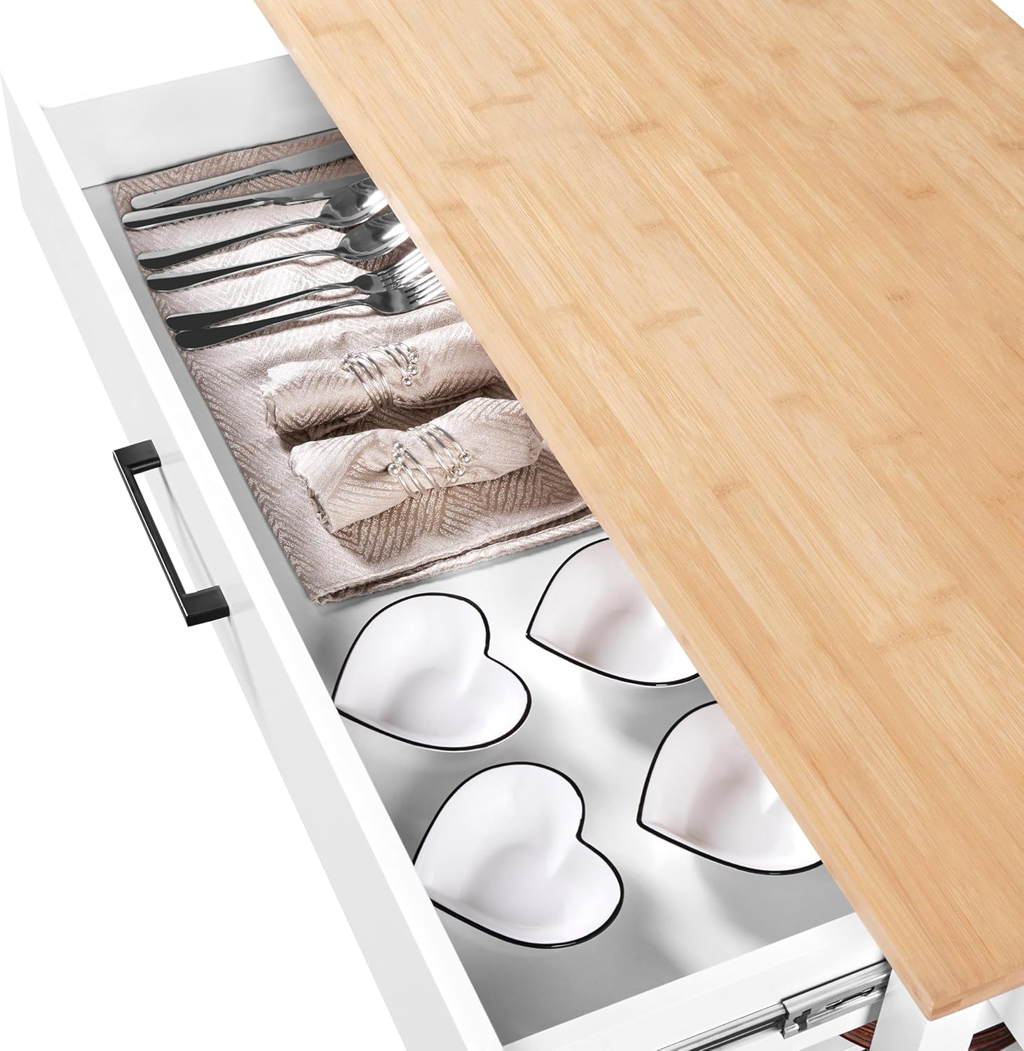 Modern 40" Kitchen Island Cart on Wheels with Solid Bamboo Top, Spacious Drawer, and 2 Tiered Storage Shelves - Versatile Serving Trolley in White