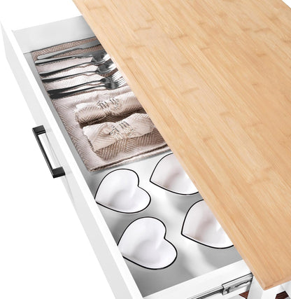 Modern 40" Kitchen Island Cart on Wheels with Solid Bamboo Top, Spacious Drawer, and 2 Tiered Storage Shelves - Versatile Serving Trolley in White