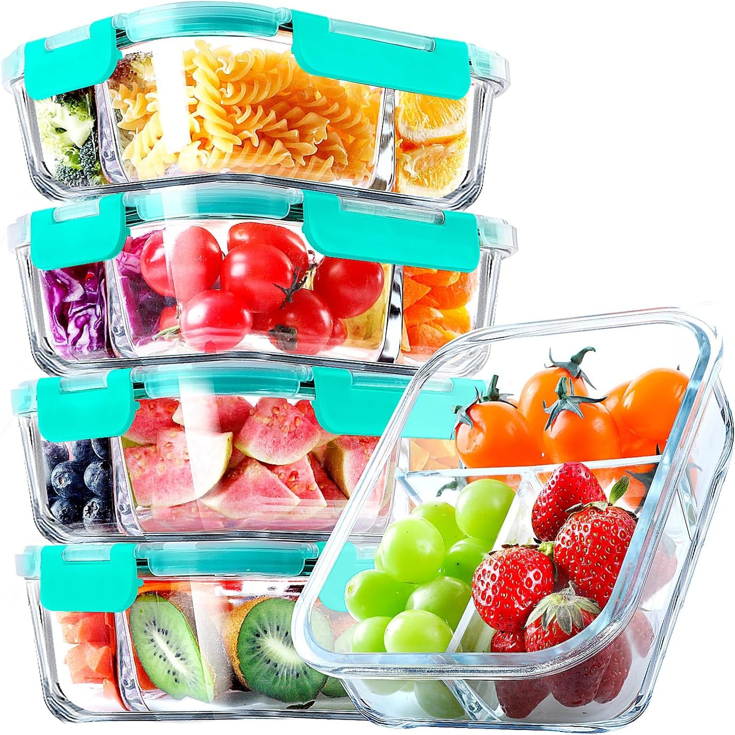 Versatile 5 Pack Glass Meal Prep Containers - 3 Compartment, 36OZ Airtight Lunch Containers for Effortless Meal Storage & On-the-Go Convenience